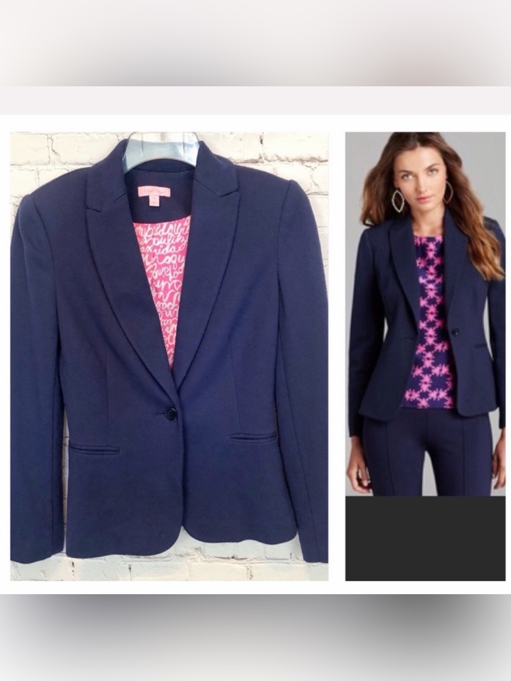 Lilly Pulitzer Navy One-Button Tailored Blazer with Pink Lined Trim